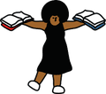 A person stands with arms outstretched, holding an open book in each hand, one blue and one red.