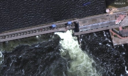 A satellite image appearing to show damage to the dam on Monday.