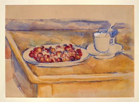 Still life by Cézanne of a plate of cherries and a cup and saucer on a table