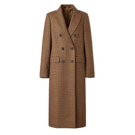 A long double-breasted brown coat with a tartan detail on a white background