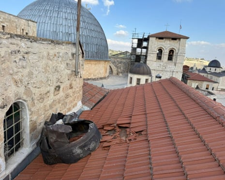 Part of a missile on a rooftop near the Church of the Holy Sepulchre, after Israel’s police said they located missile fragments in several locations in the Old City following a missile barrage from Iran.