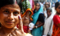 INDIA-VOTE<br>An Indian voter shows her inked-marked finger after casting her vote in the Ghoramara island around 110 km south of Kolkata on May 19, 2019, during the 7th and final phase of India's general election. - Voting in one of India's most acrimonious elections in decades entered its final day on May 19 as Hindu nationalist Prime Minister Narendra Modi scrambled to hang on to his overall majority. (Photo by DIBYANGSHU SARKAR / AFP)DIBYANGSHU SARKAR/AFP/Getty Images