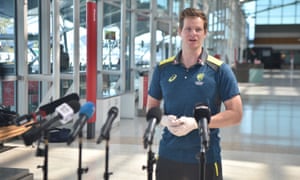 Former Australia cricket captain Steve Smith italks to the media at Sydney airport on Sunday ahead of departing for a tour of England, the Australian team’s first cricket since March. 