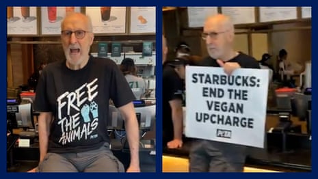 Succession actor James Cromwell glues hand to Starbucks counter in Peta protest – video
