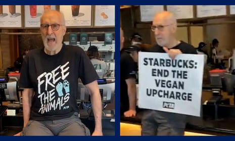 Succession actor James Cromwell glues hand to Starbucks counter in Peta protest – video