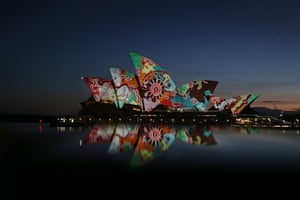 First Nations projections by Pitjantjara Artist David Miller appear on the sails of the Sydney Opera House on January 26, 2022.