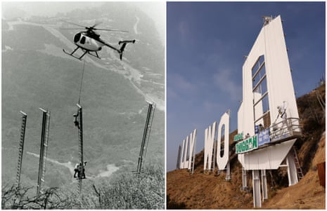Left: An archive image shows a helicopter placing steel beams for the Hollywood Sign letters. Right: One of the letters gets repainted ahead of its 100th Anniversary.