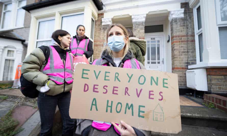 A renters’ union protest in Abbey Wood in south-east London, where a couple was due to be evicted after falling behind on rent during the pandemic, November 2021.