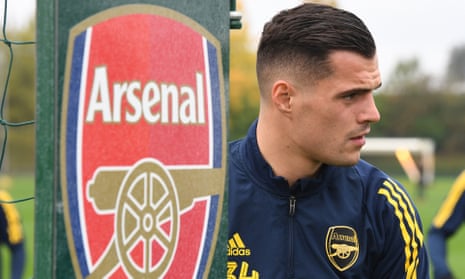 Granit Xhaka trains at London Colney on Tuesday having been stripped of the Arsenal captaincy