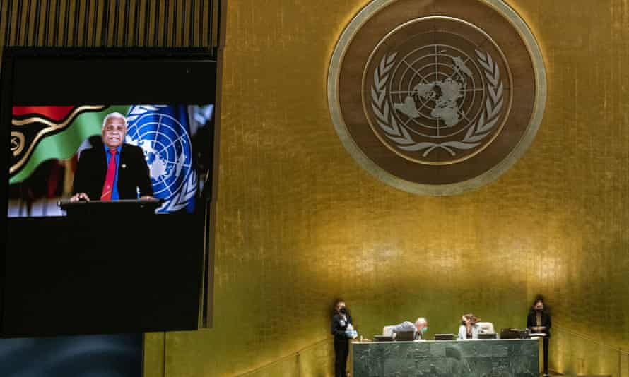 Vanuatu’s Prime Minister Bob Loughman remotely addresses the UN General Assembly in New York in September 2021.