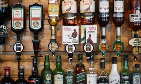 Whiskey bottles in a pub in Lochinver, Scotland