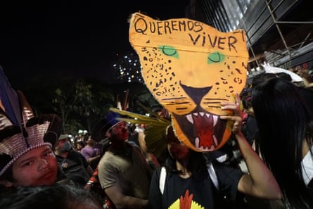 Indigenous people protest in in São Paulo in June 2022 for the demarcation of Indigenous land, and over the murders of Dom Phillips and Bruno Pereira.