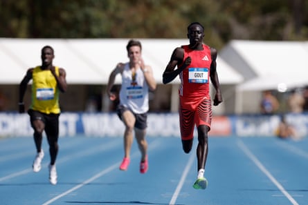 Gout Gout competes in the men’s 200m heat at the 2025 Australian Athletics Championships