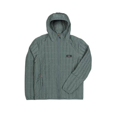A green quilted hooded jacket with a front zip and orange zipper pulls