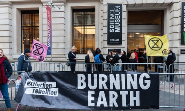 Extinction Rebellion and Stop HS2 activists protest outside the Science Museum, London, where Boris Johnson was launching the COP 26 climate summit strategy. 