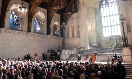 Zelenskiy addresses parliamentarians in Westminster Hall.