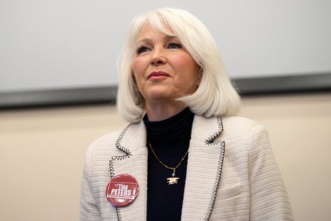Tina Peters speaks on 25 Feb., 2023, in Hudson, Colo. (AP Photo/David Zalubowski)