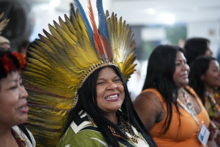 Brazilian Indigenous Peoples minister Sonia Guajajara speaks to members at Cop30. Indigenous communities are offering alternative ways of thinking about how we protect the plaent