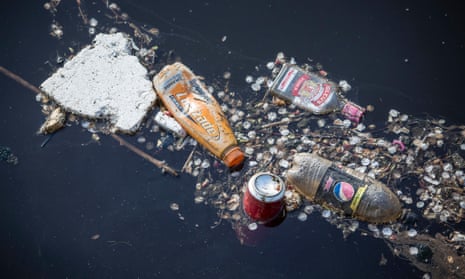 Plastic bottles and other rubbish floating in Leith Docks in Edinburgh.