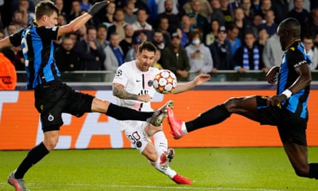 PSG’s Lionel Messi bends a typically fearsome effort against the crossbar but his combinations with Neymar and Kylian Mbappé failed to overly trouble Club Brugge.