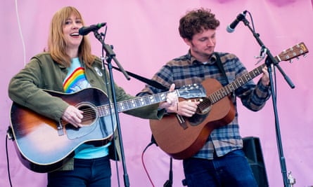 Orton performing with her husband Sam Amidon on Extinction Rebellion’s This is an emergency bus, London, 2019.