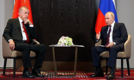 Russian President Vladimir Putin speaks to Turkey's President Recep Tayyip Erdogan during talks in September.