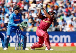 West Indies’ Nicholas Pooran hits the shot from which he is caught.