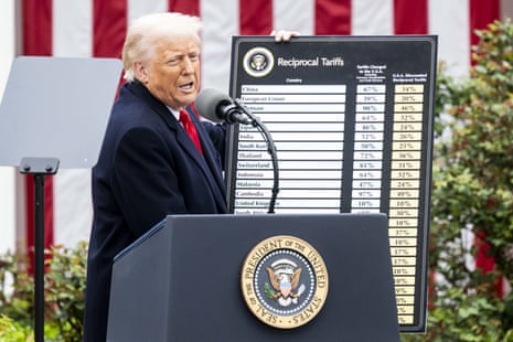 President Donald Trump with a chart of reciprocal tariffs at a ‘‘Liberation Day’’ event last night