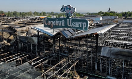 Aerial view of a destroyed hypermarket