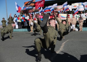 A military dance ensemble performs in Chelyabinsk, Russia