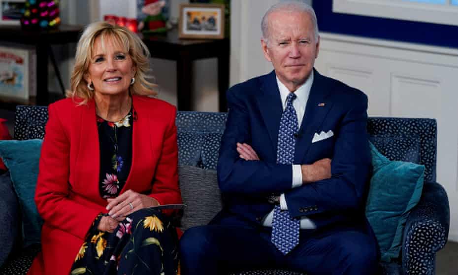 The US first lady, Jill Biden, on a sofa with her husband, Joe.