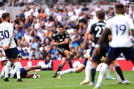 Fulham's Aleksandar Mitrovic (centre) scores a great goal at Spurs in September 2022.