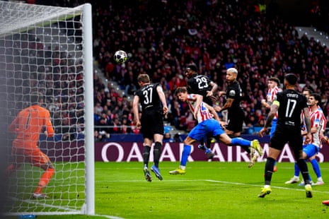 Atletico Madrid’s Robin Le Normand (centre) scores his side’s fourth goal of the game.