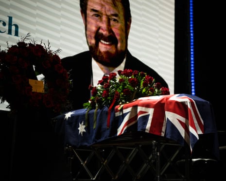 The stage and coffin of Derryn Hinch during a state funeral service in Melbourne