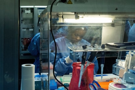A worker at a lab in the National Institute of Biomedical Research in Kinshasa, DRC, in July.