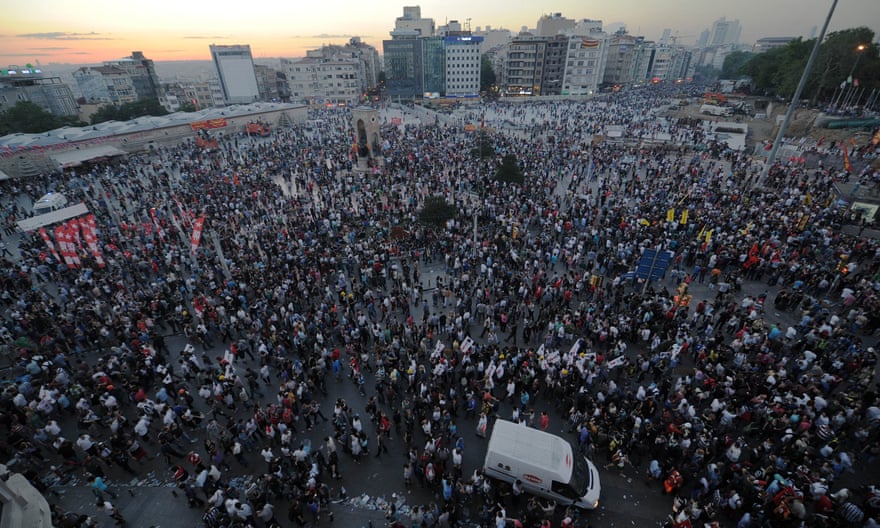 People gather in Istanbul’s Taksim Square to protest the development of Gezi Park.