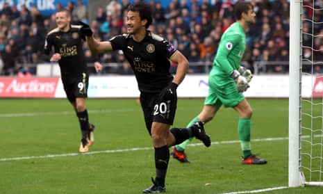 Shinji Okazaki celebrates scoring Leicester’s second goal against Swansea.