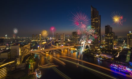 Fireworks above the Chao Phraya river Bangkok