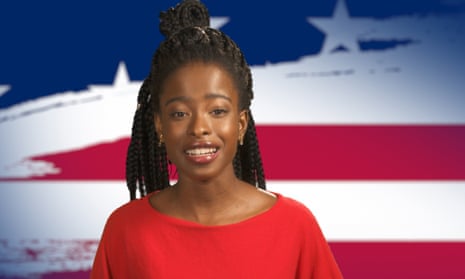 Amanda Gorman against american flag backdrop