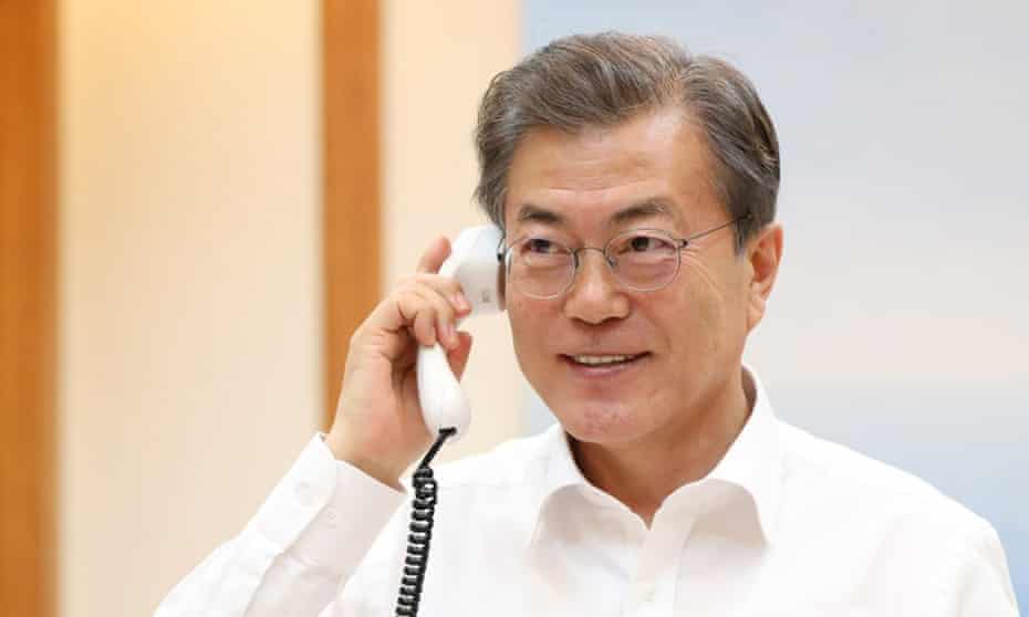President Moon Jae-in talks with Donald Trump by telephone from Seoul, South Korea, on Thursday. Trump promised to send a high-level delegation to the Winter Olympics in Pyeongchang.