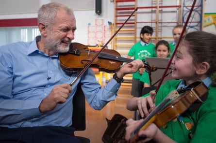 Jeremy Corbyn being given a violin lesson during a visit to Faith Primary School in Liverpool, 27 September 2016.