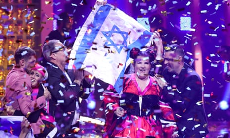 Singer Netta Barzilai, representing Israel, wins the 2018 Eurovision song contest, Lisbon, 13 May 2018.