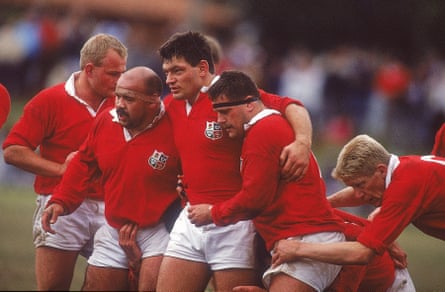 Steve Smith (without headband) is flanked by his British & Irish Lions front row teammates Gareth Chilcott and Mike Griffiths during a tour game with the 1989 Lions in Australia.