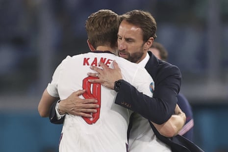England’s manager Gareth Southgate, right, greets his player Harry Kane after he was substituted.