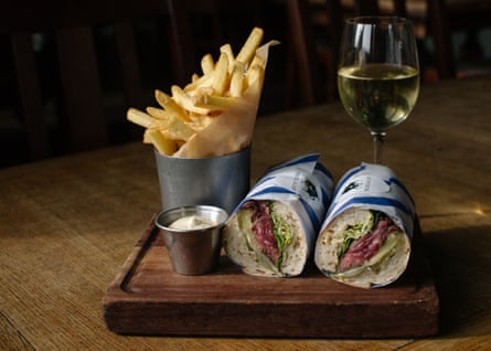 Chargrilled bavette and cheese sandwich with pickles, wholegrain mustard mayonnaise and frites