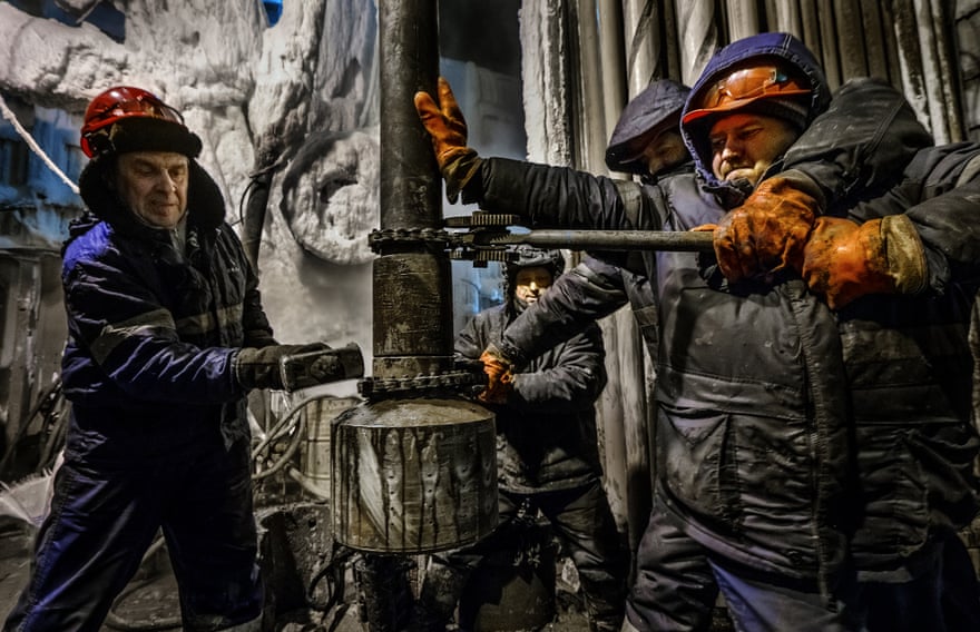 Workers drill for gas under the Russian Arctic permafronst at a site in Novy Urengoy, a city built by Gazprom in 1980s in Siberia to extract Russia’s biggest gas field.
