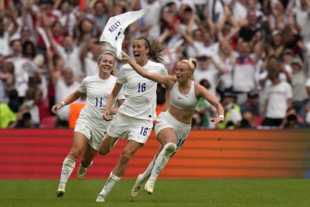 Chloe Kelly swings her shirt in celebration at scoring England’s Euro 2022 final winner.