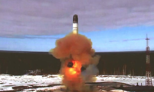 Test-launch of the Sarmat intercontinental ballistic missile at the Plesetsk testing field.