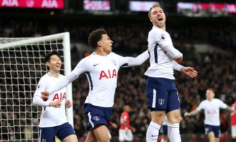 Christian Eriksen celebrates scoring Tottenham’s goal after 11 seconds against Manchester United at Wembley.