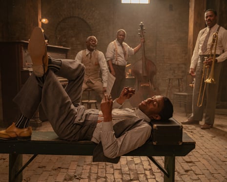 (From left) Chadwick Boseman as Levee, Glynn Turman as Toldeo, Michael Potts as Slow Drag and Colman Domingo as Cutler